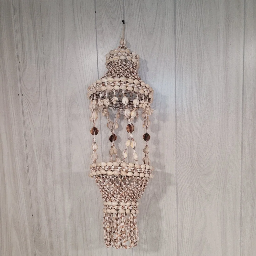 Handmade Vintage Cowrie Shell Hippie Bohemian Swag Plant Hanger White Brown